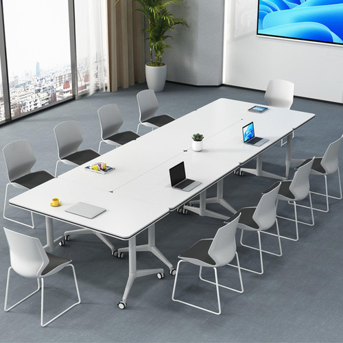 Conference Table, Folding Conference Room Tables, Modern Flip Top Seminar Training Meeting Table with Wheels, Modular Foldable Conference Tables for Home Office Classroom (White 2 Pack,70.8inch)
