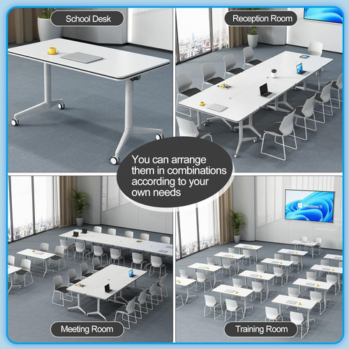 Conference Table, Folding Conference Room Tables, Modern Flip Top Seminar Training Meeting Table with Wheels, Modular Foldable Conference Tables for Home Office Classroom (White 2 Pack,70.8inch)