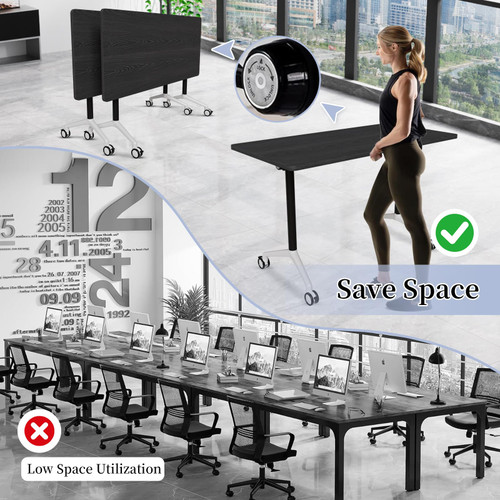 Conference Table, Folding Conference Room Tables, Modern Flip Top Seminar Training Meeting Table with Wheels, Modular Foldable Conference Tables for Home Office Classroom (Black 10 Pack,70.8inch)