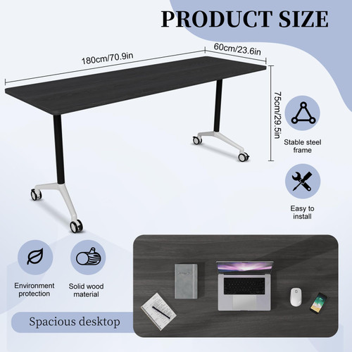 Conference Table, Folding Conference Room Tables, Modern Flip Top Seminar Training Meeting Table with Wheels, Modular Foldable Conference Tables for Home Office Classroom (Black 10 Pack,70.8inch)