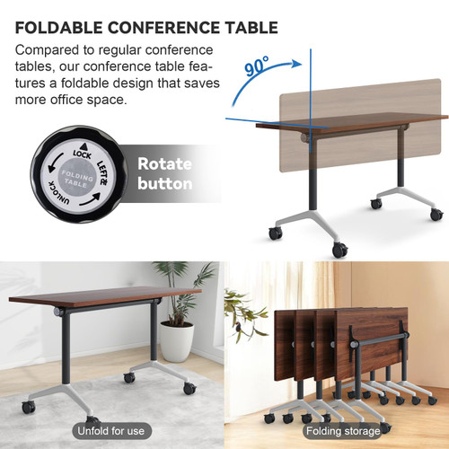 Conference Table,Folding Conference Room Tables with Wheels, 6ft Modular Training Tables for Office/Classroom/Meeting, Lockable 360° Silent Wheels＆Space Saving Stackable, Walnut Finish, 10 Pack