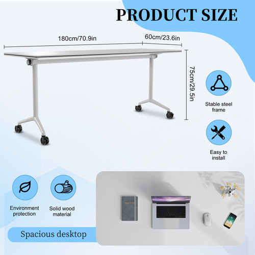 Conference Table, Folding Conference Room Tables, Modern Flip Top Seminar Training Meeting Table with Wheels, Modular Foldable Conference Tables for Home Office Classroom (White 8 Pack,70.8inch)