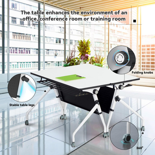 Folding Conference Tables,47.2x23.6x29.5in Modern Conference Room Tables Seminar Mobile Training Table,with Caster Modular Flip Top Meeting Table for Office Conference Room (White, 4 Pack)