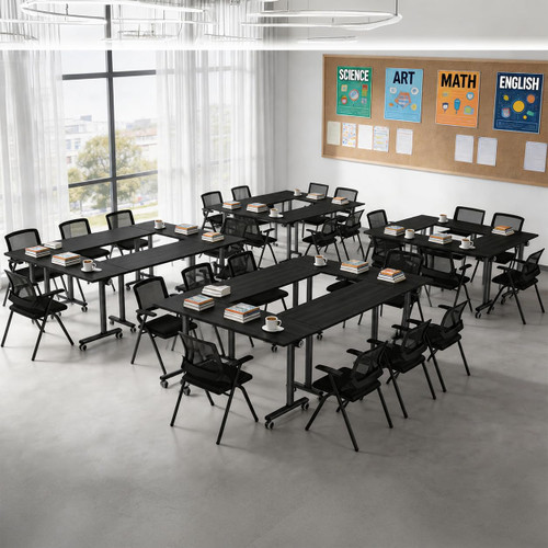 55″ Flip Top Training Table with Lockable Wheels, Mobile Nesting Folding Conference Table, Space Saving Seminar Desk for Classroom, Office, Library (1, Black, 55"×20"×30")