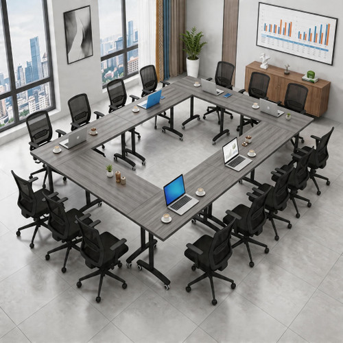 55″ Flip Top Training Table with Lockable Wheels, Mobile Nesting Folding Conference Table, Space Saving Seminar Desk for Classroom, Office, Library (1, Gray, 55"×20"×30")