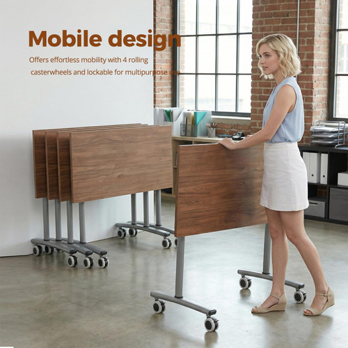 55″ Flip Top Training Table with Lockable Wheels, Mobile Nesting Folding Conference Table, Space Saving Seminar Desk for Classroom, Office, Library (1, Walnut, 55"×20"×30")