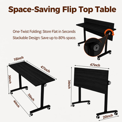 55″ Flip Top Training Table with Lockable Wheels, Mobile Nesting Folding Conference Table, Space Saving Seminar Desk for Classroom, Office, Library (2, Black, 55"×20"×30")