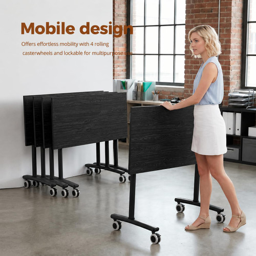 55″ Flip Top Training Table with Lockable Wheels, Mobile Nesting Folding Conference Table, Space Saving Seminar Desk for Classroom, Office, Library (2, Black, 55"×20"×30")