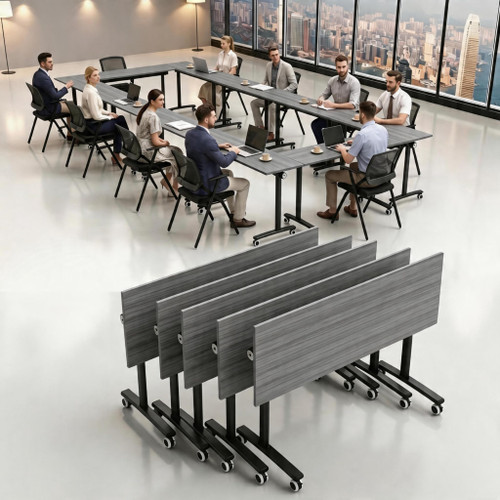 55″ Flip Top Training Table with Lockable Wheels, Mobile Nesting Folding Conference Table, Space Saving Seminar Desk for Classroom, Office, Library (2, Gray, 55"×20"×30")