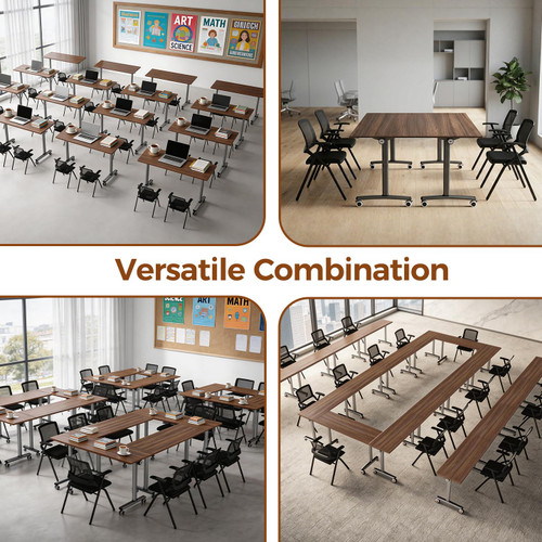 55″ Flip Top Training Table with Lockable Wheels, Mobile Nesting Folding Conference Table, Space Saving Seminar Desk for Classroom, Office, Library (2, Walnut, 55"×20"×30")