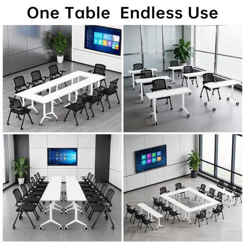 10 Pack Flip Top Training Table with Lockable Wheels, Mobile Nesting Folding Conference Table, Space Saving Seminar Desk for Classroom, Office, Library (White, 47"×16"×30")