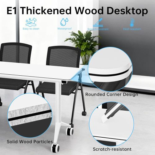 10 Pack Flip Top Training Table with Lockable Wheels, Mobile Nesting Folding Conference Table, Space Saving Seminar Desk for Classroom, Office, Library (White, 47"×16"×30")