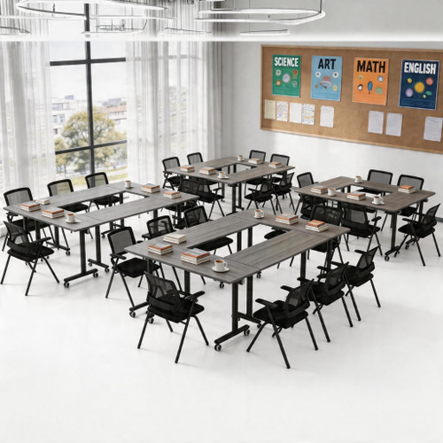 55″ Flip Top Training Table with Lockable Wheels, Mobile Nesting Folding Conference Table, Space Saving Seminar Desk for Classroom, Office, Library (10, Gray, 55"×20"×30")