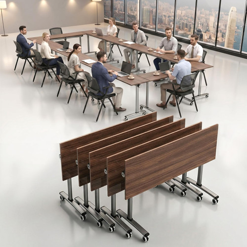 12 Pack Flip Top Training Table with Lockable Wheels, Mobile Nesting Folding Conference Table, Space Saving Seminar Desk for Classroom, Office, Library (Walnut, 47"×16"×30")
