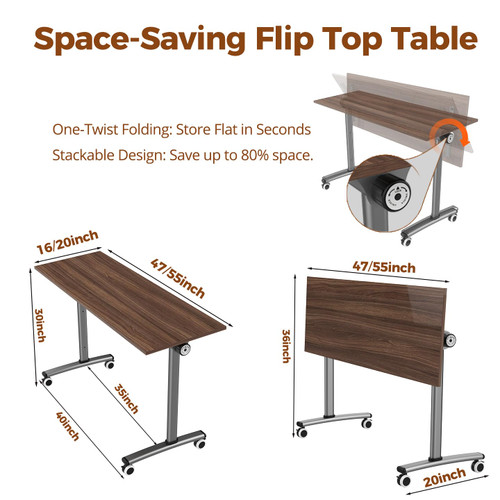 12 Pack Flip Top Training Table with Lockable Wheels, Mobile Nesting Folding Conference Table, Space Saving Seminar Desk for Classroom, Office, Library (Walnut, 47"×16"×30")