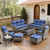 Luxury 6" Thick Cushioned 8 Pieces Patio Furniture Set with Outdoor Couch, Wicker Outdoor Conversation Set with High Back Swivel Rocker Chairs for Deck Porch Yard and Poolside - Grey+Blue Luxury 6" Thick Cushioned 8 Pieces Patio Furniture Set with Outdoor Couch, Wicker Outdoor Conversation Set with High Back Swivel Rocker Chairs for Deck Porch Yard and Poolside - Grey+Blue