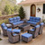 Luxury 6" Thick Cushioned 11 Pieces Patio Furniture Set with Outdoor Couch, Wicker Outdoor Conversation Set with High Back Swivel Rocker Chairs for Deck Porch Yard and Poolside - Brown+Blue