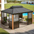 12' X 14' Hardtop Sunroom, Galvanized Steel Double Roof Gazebo Solarium with Wood Grain Aluminum Frame & Detachable Windows, All-Weather Sun Room for Patio Deck Backyard