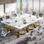 31.5" Square Conference Table Set of 6, 8 ft Industrial Office Meeting Table for 8-10 People, Business Podcast Furniture with Metal Base for Small Spaces, Office Conference, White & Gold