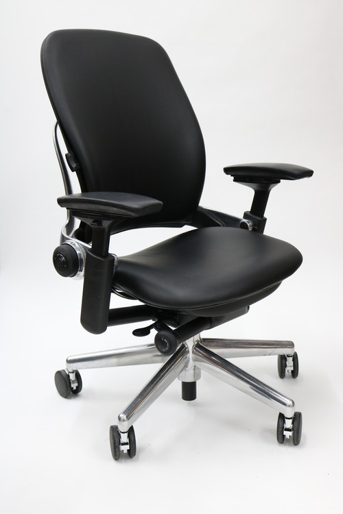 Steelcase Leap Chair V2 Black Leather Polished Aluminum Base With 4 Way Pivot Armrests