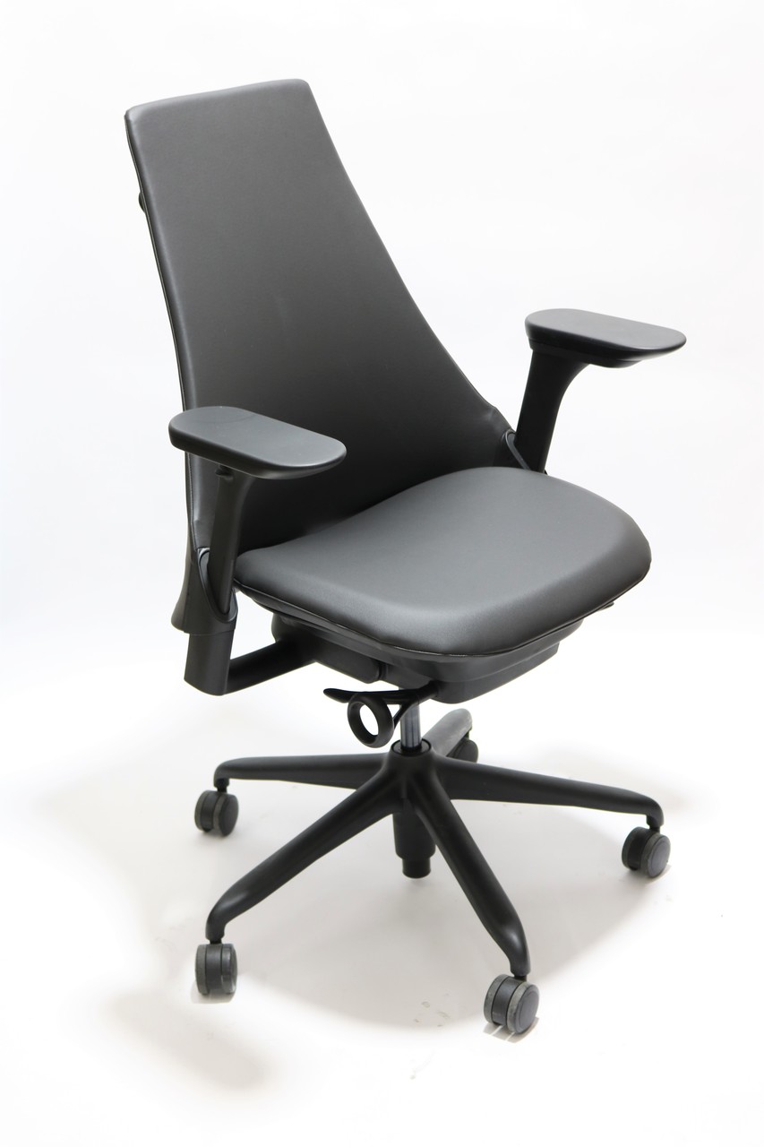 Herman Sayl Chair Black Leather Upholstered with Fully Arms