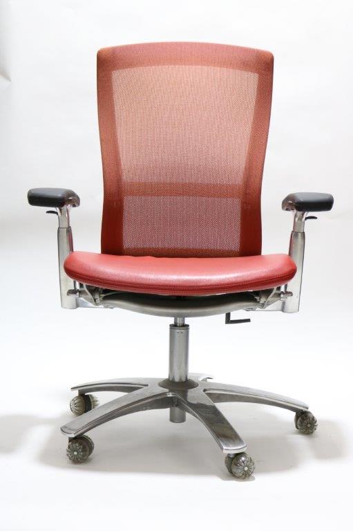 Knoll Life Chair, Red Leather Seat, All Features, Adjustable Arms