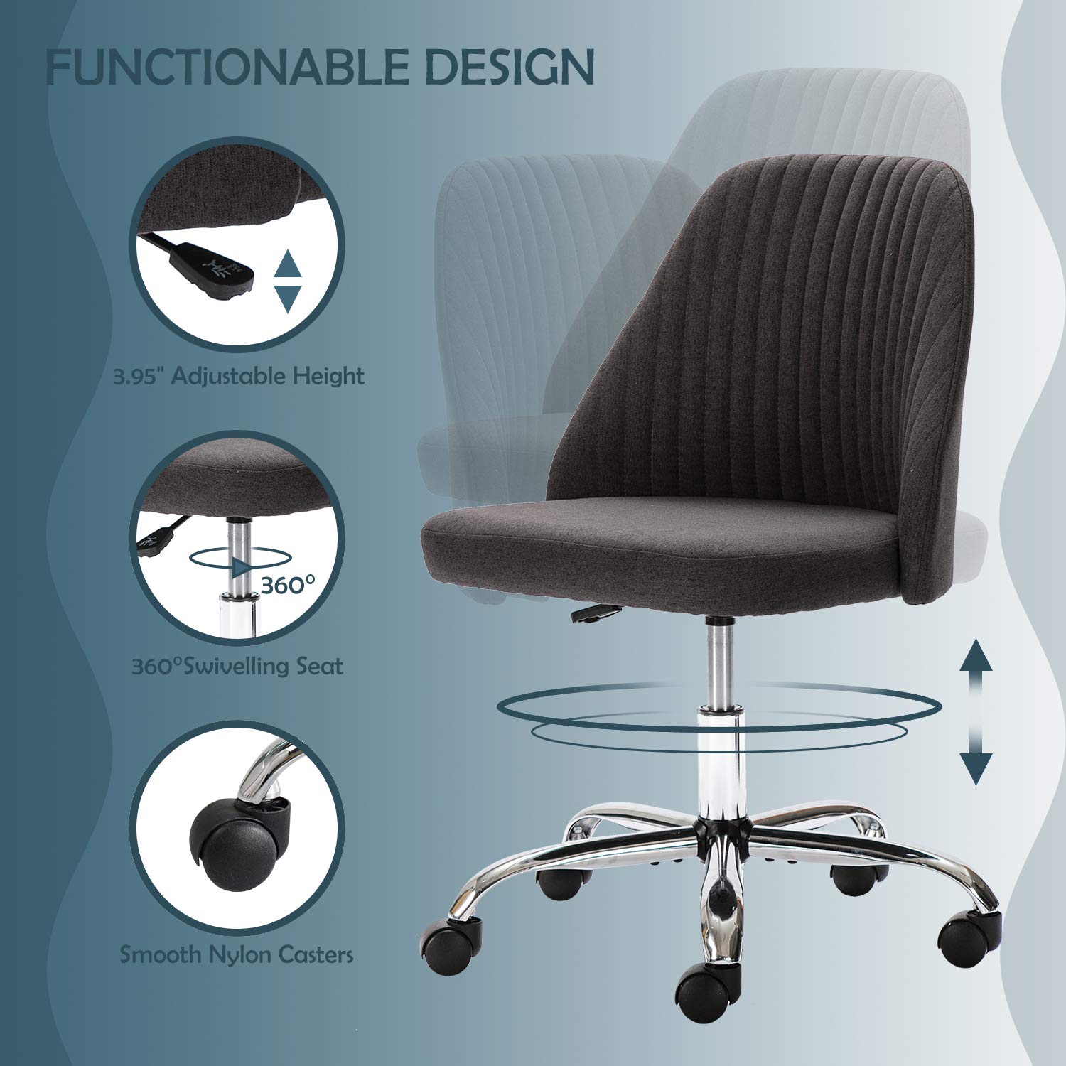 ModSavy Home Office Desk Chair, Modern Linen Fabric Chair Adjustable Swivel  Task Chair Mid-Back Cute Upholstered Armless Computer Chair with Wheels