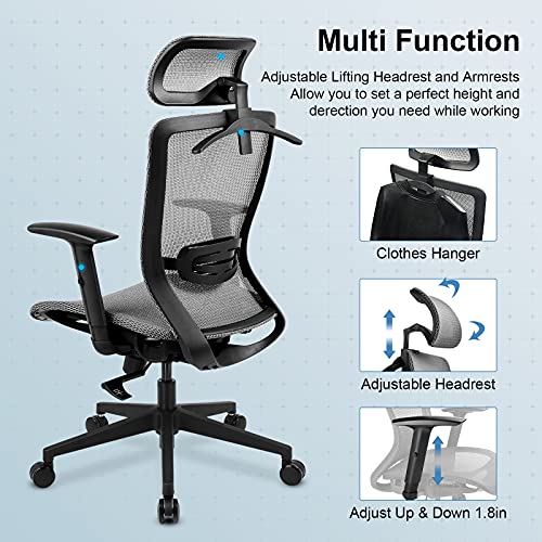 Office Chair, High Back Mesh Chair Ergonomic Home Desk Chair Adjustable Headrest, and Armrest Executive Computer Chair with Hanger and Soft Foam