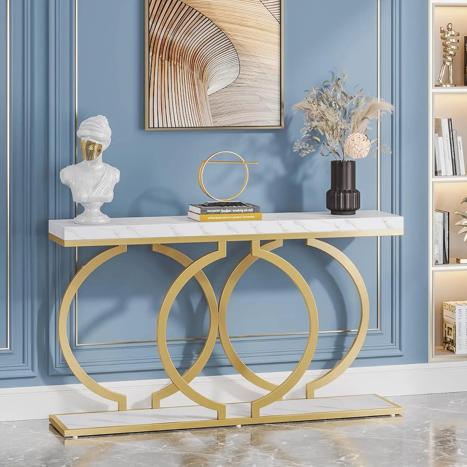 Gold Console Table, 55 in Faux Marble Entryway Table Narrow Long Sofa Table, Accent Table ...