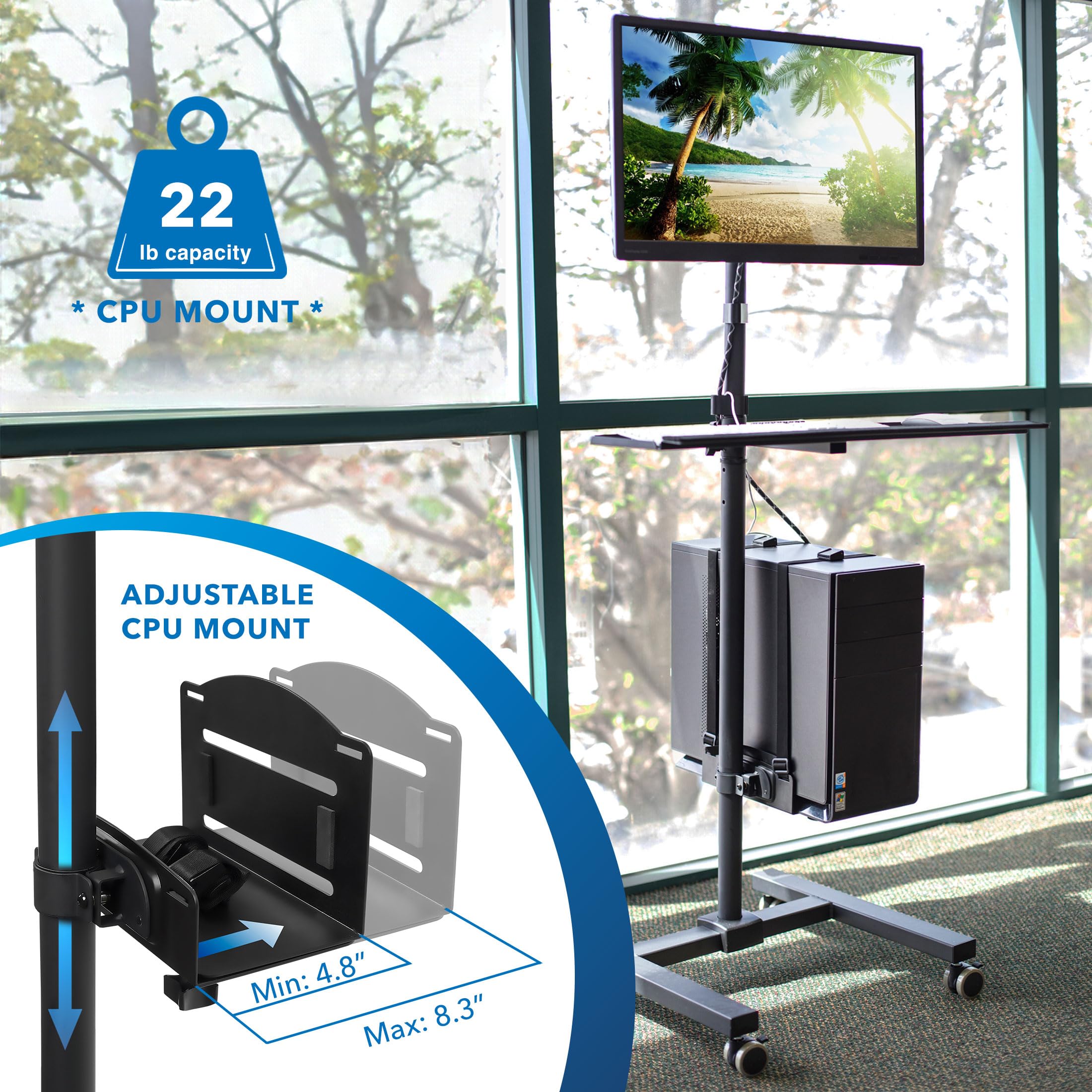 Rolling Computer Cart on Wheels, Mobile Desk Workstation with Monitor ...
