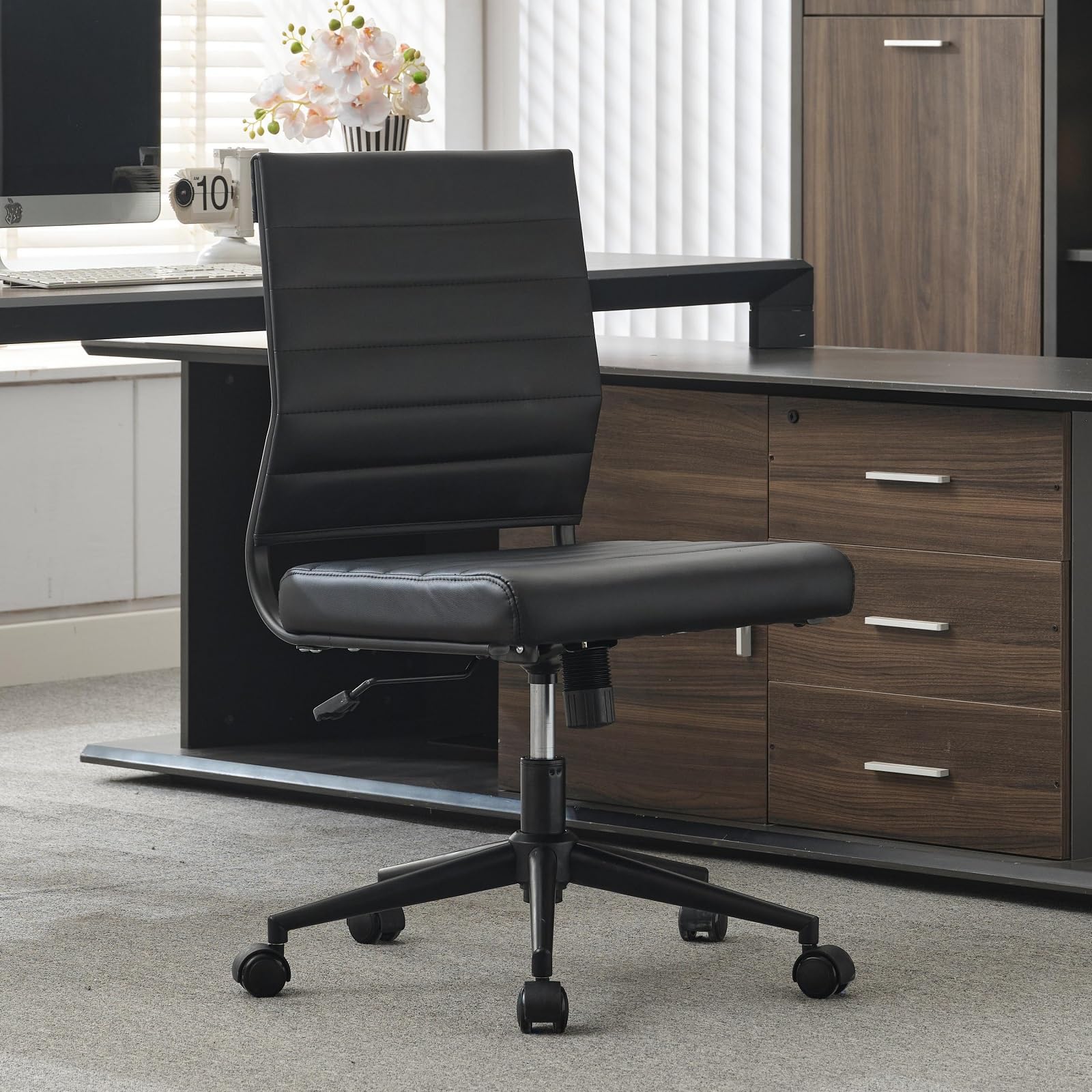 Office Desk Chair No Arms, Mid Back Ergonomic Swivel Black Armless