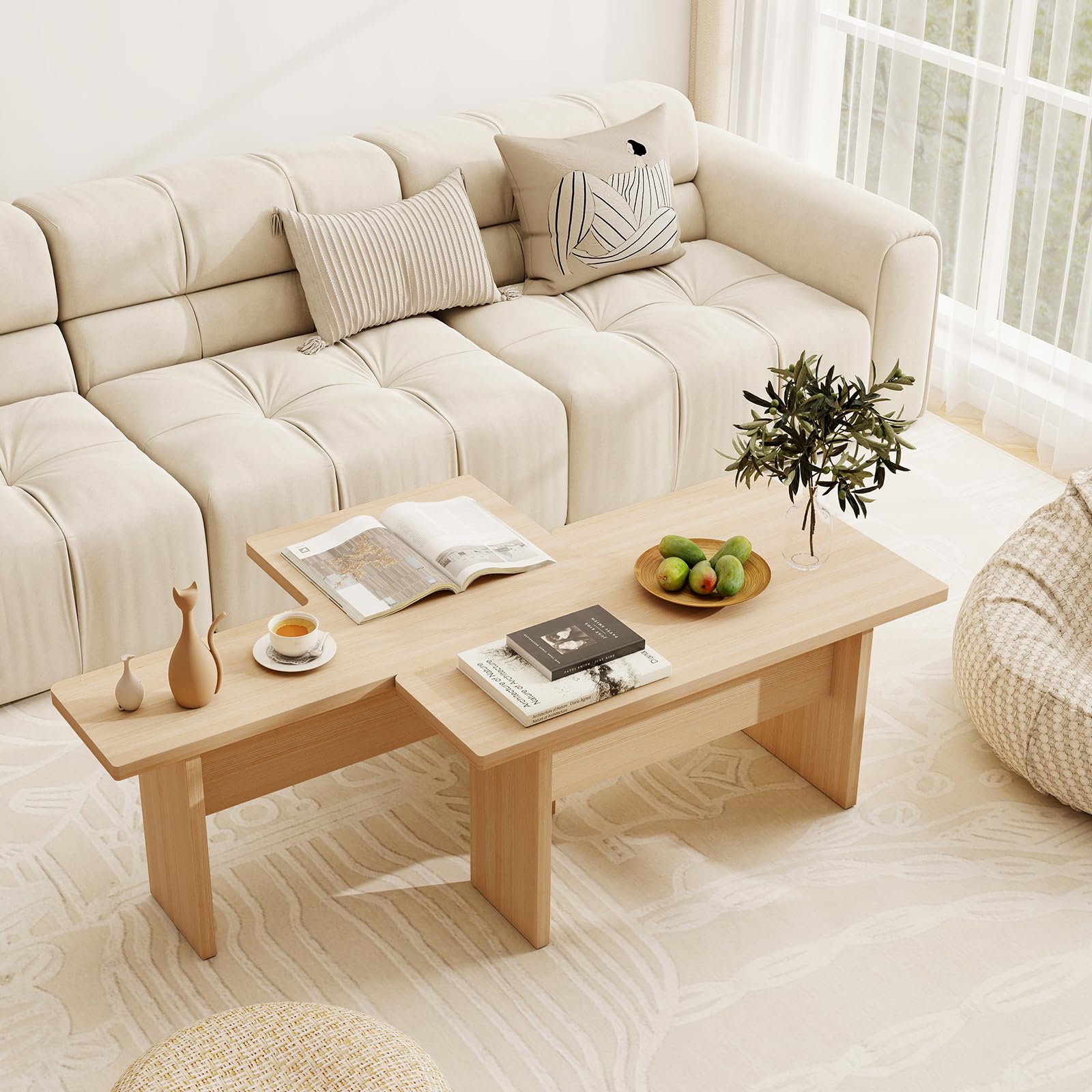 L-Shaped Coffee Table Set of 2, Modular Nesting Center Table with Grain ...