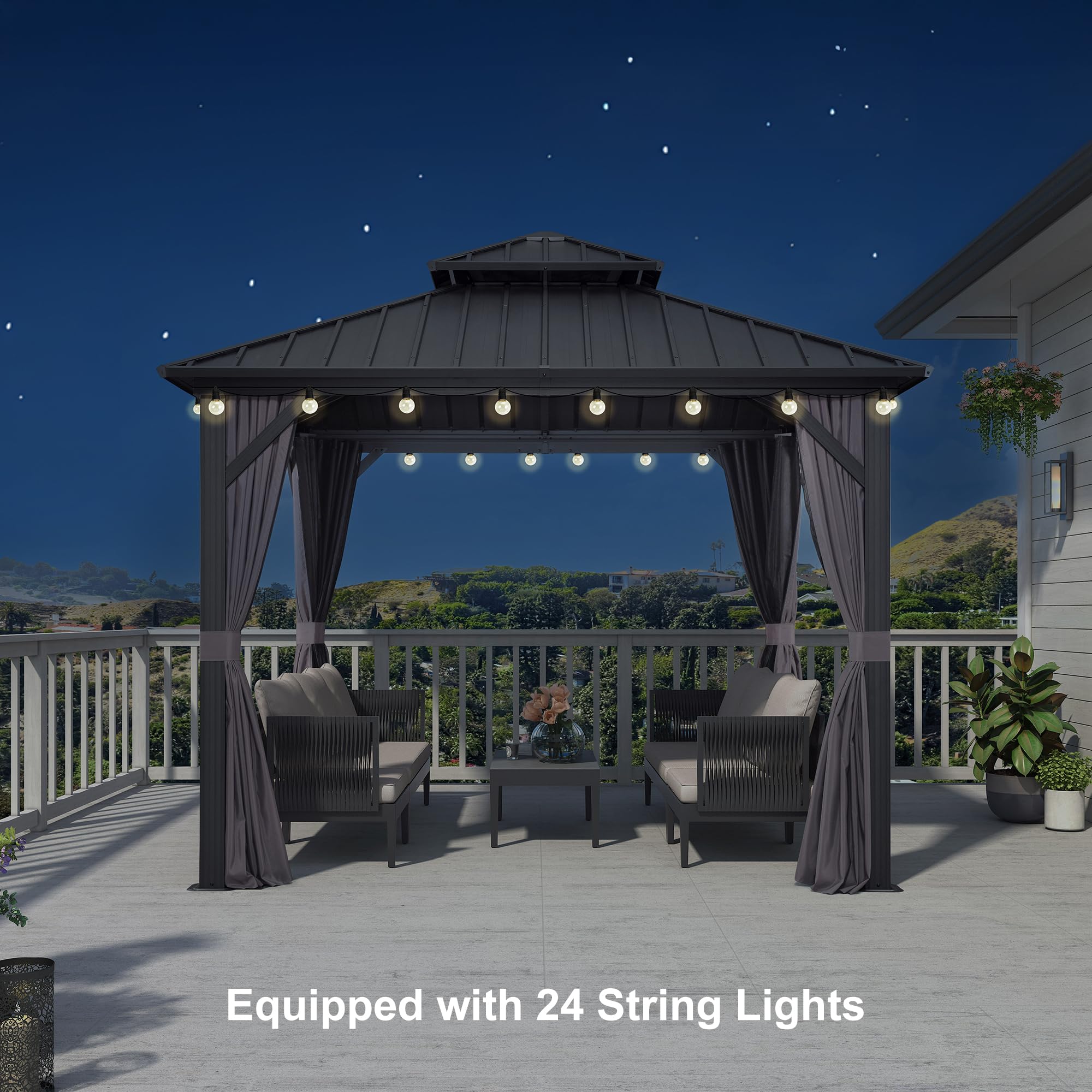 10'x10' Hardtop Gazebo with Lights Aluminum Double Roof Galvanized