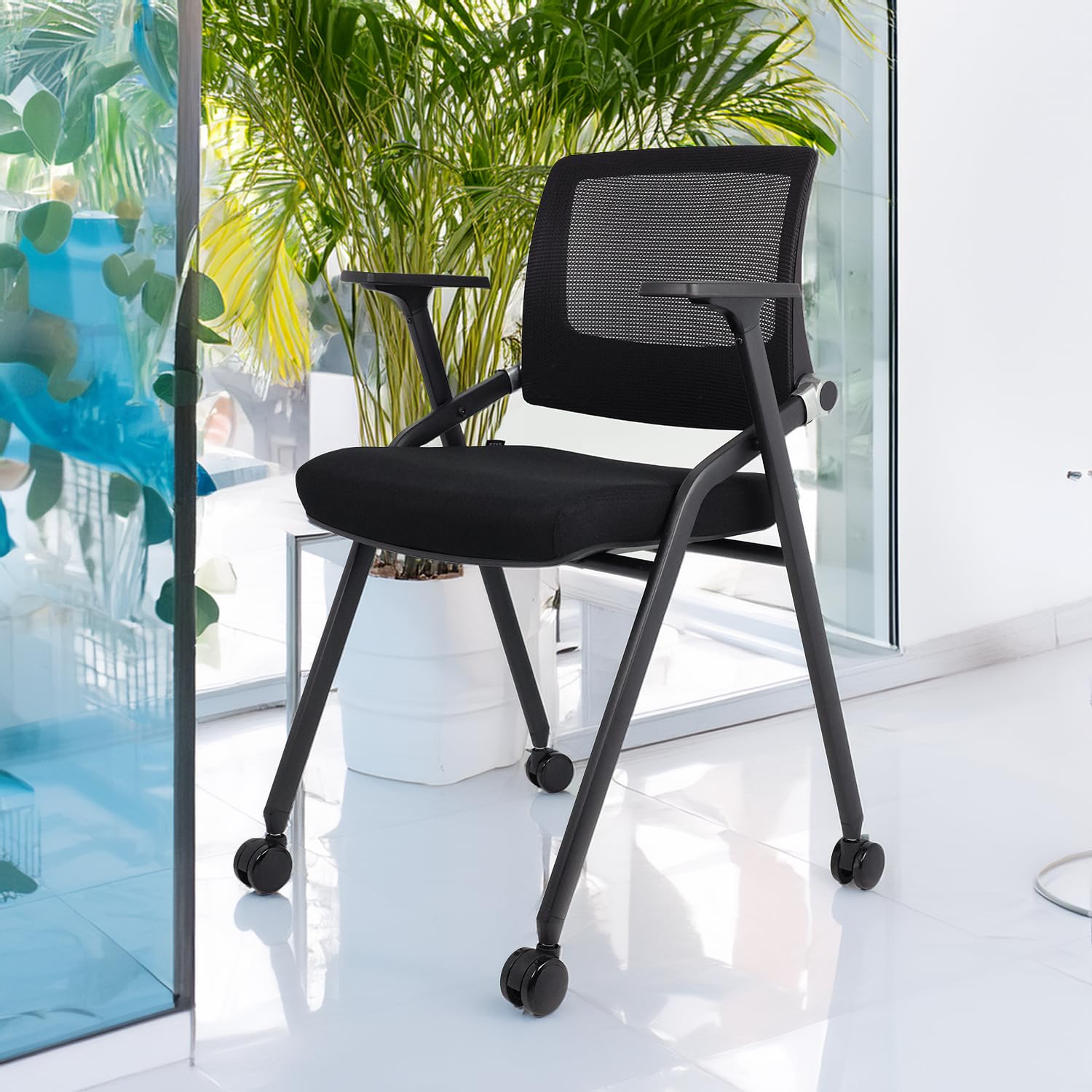 2 Pack Foldable Office Chairs with Wheels, Mesh Back, Arms and Portable ...