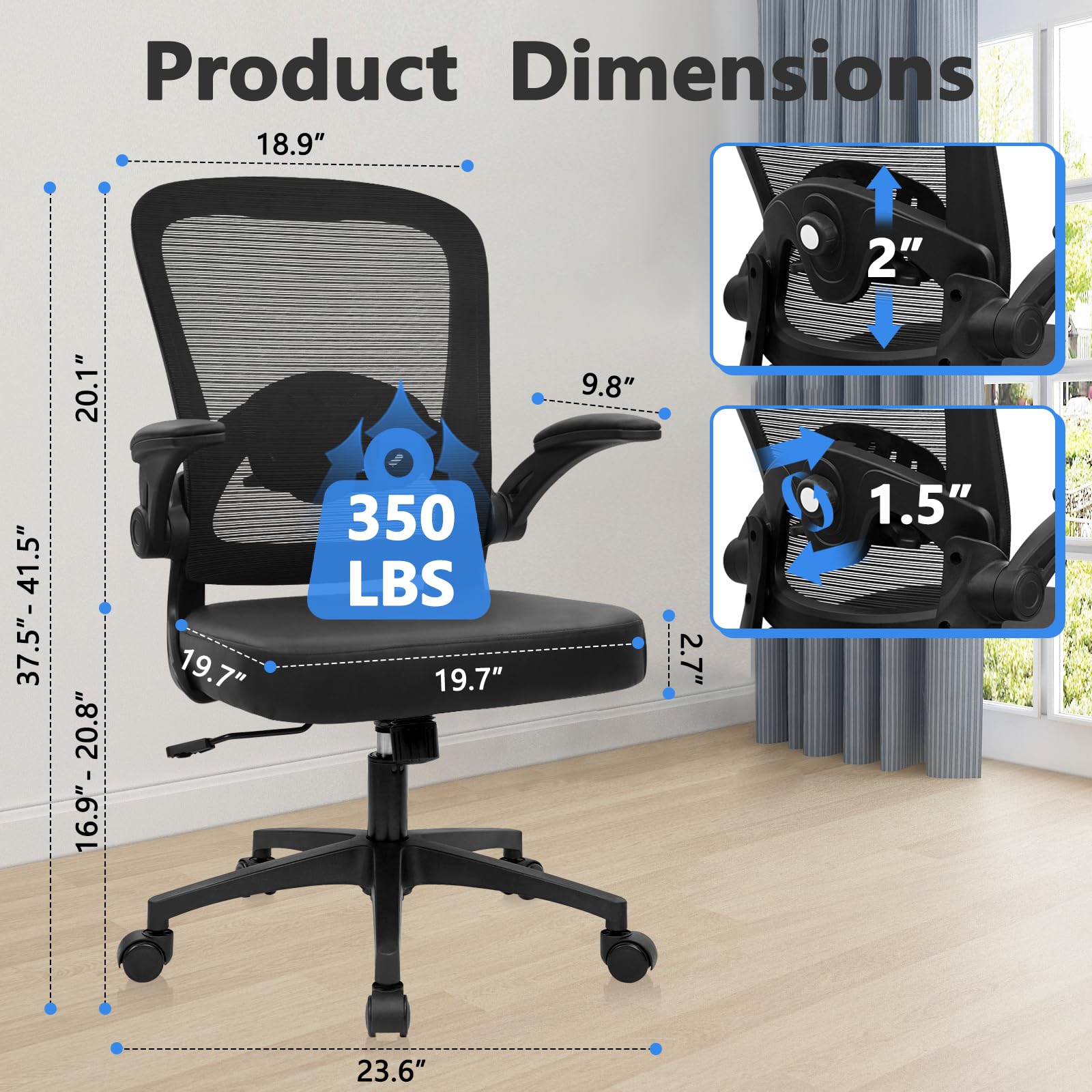 Home Office Desk Chair with Flip Up Armrests, Mesh Back Chair with ...