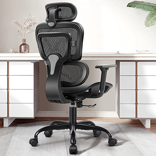 Adjustable Mesh Office Chair with Heating Support Headrest - Black