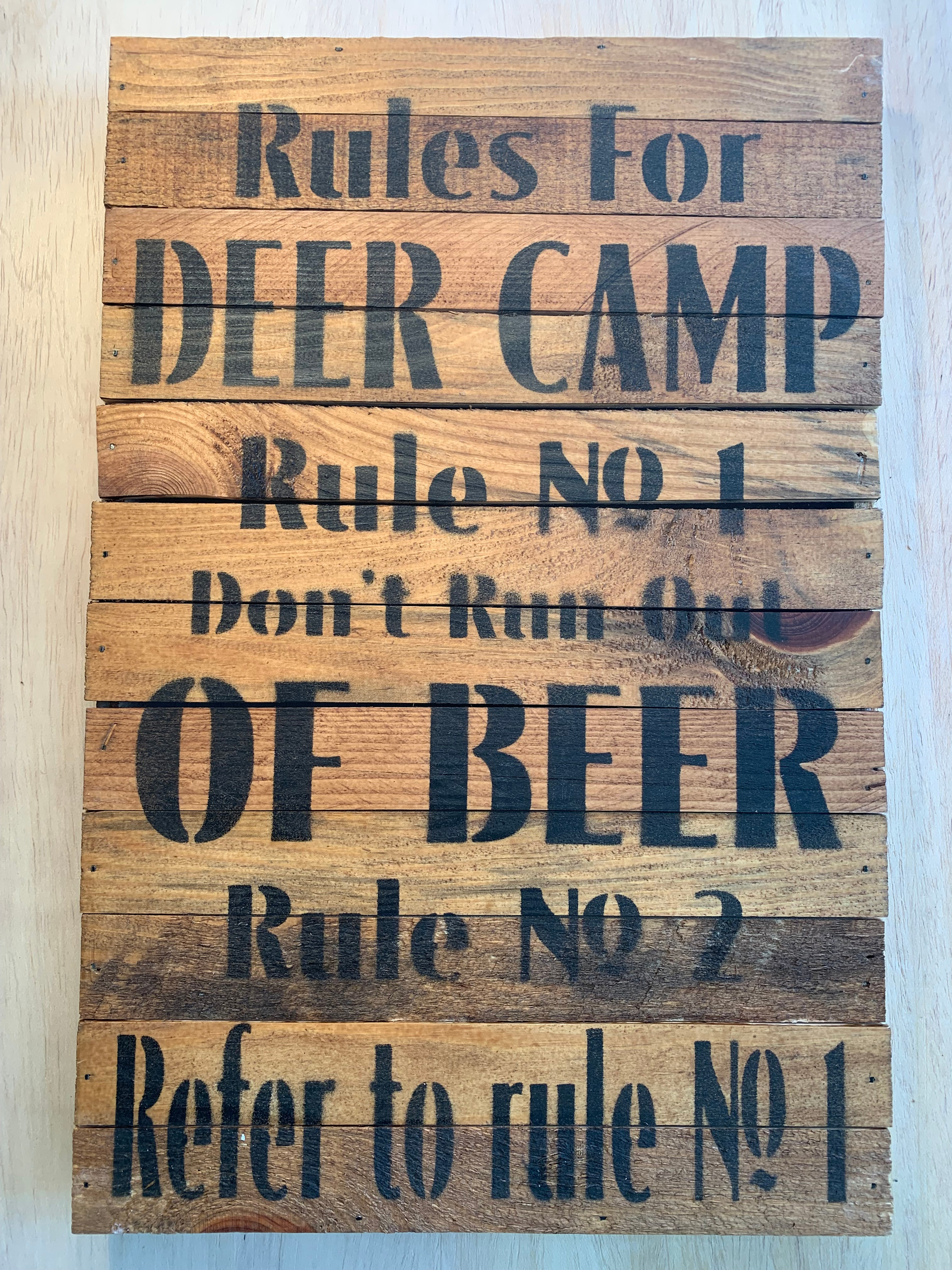 RULES FOR DEER CAMP RULE 1 DON'T RUN OUT OF BEER RULE NO 2 REFER TO