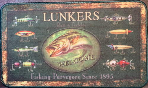 Welcome Mat - "LUNKERS WELCOME, Bait & Tackle, Fishing Purveyors Since 1895"