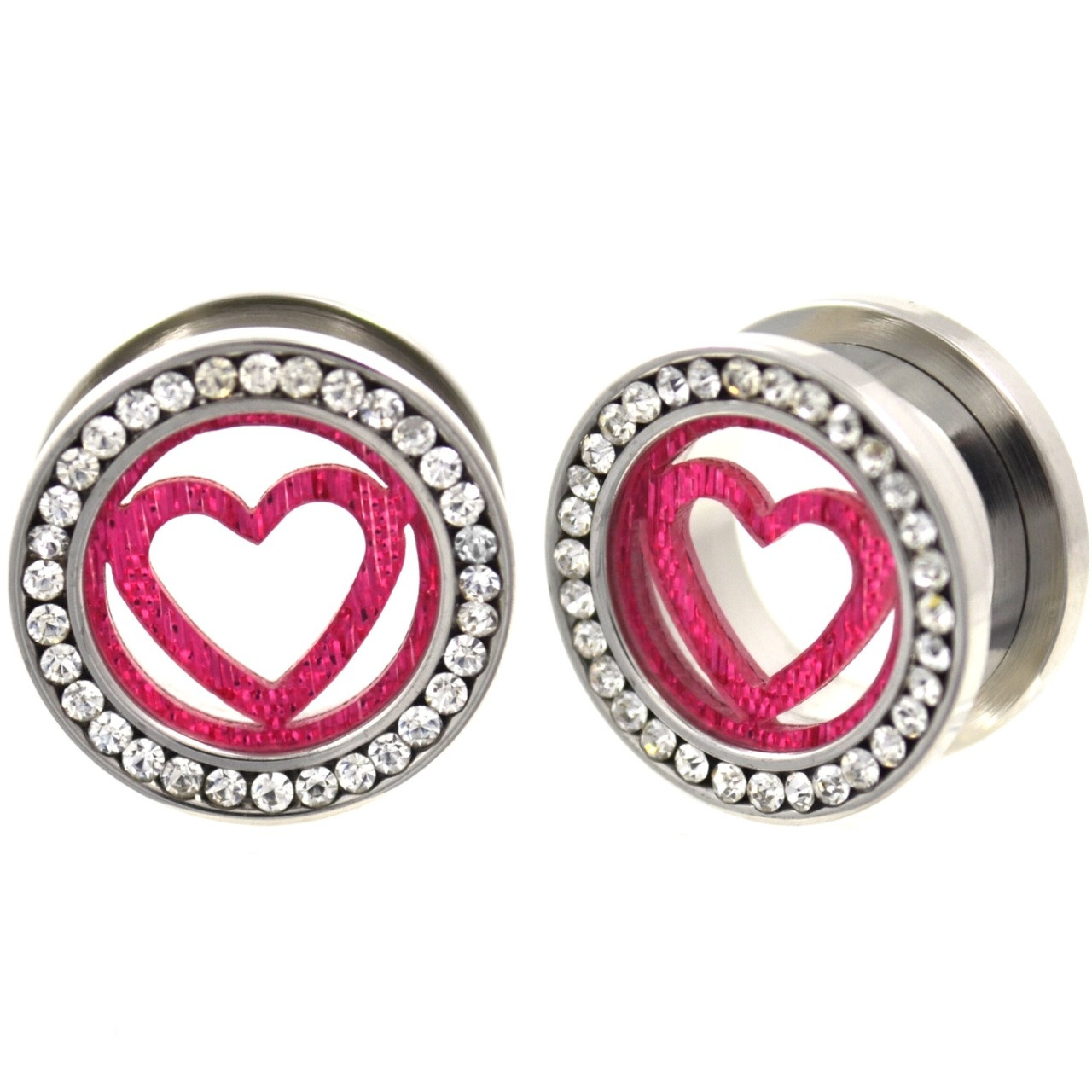 Pink Heart CZ Gem Rim Steel Tunnel Plugs (0g15/16")