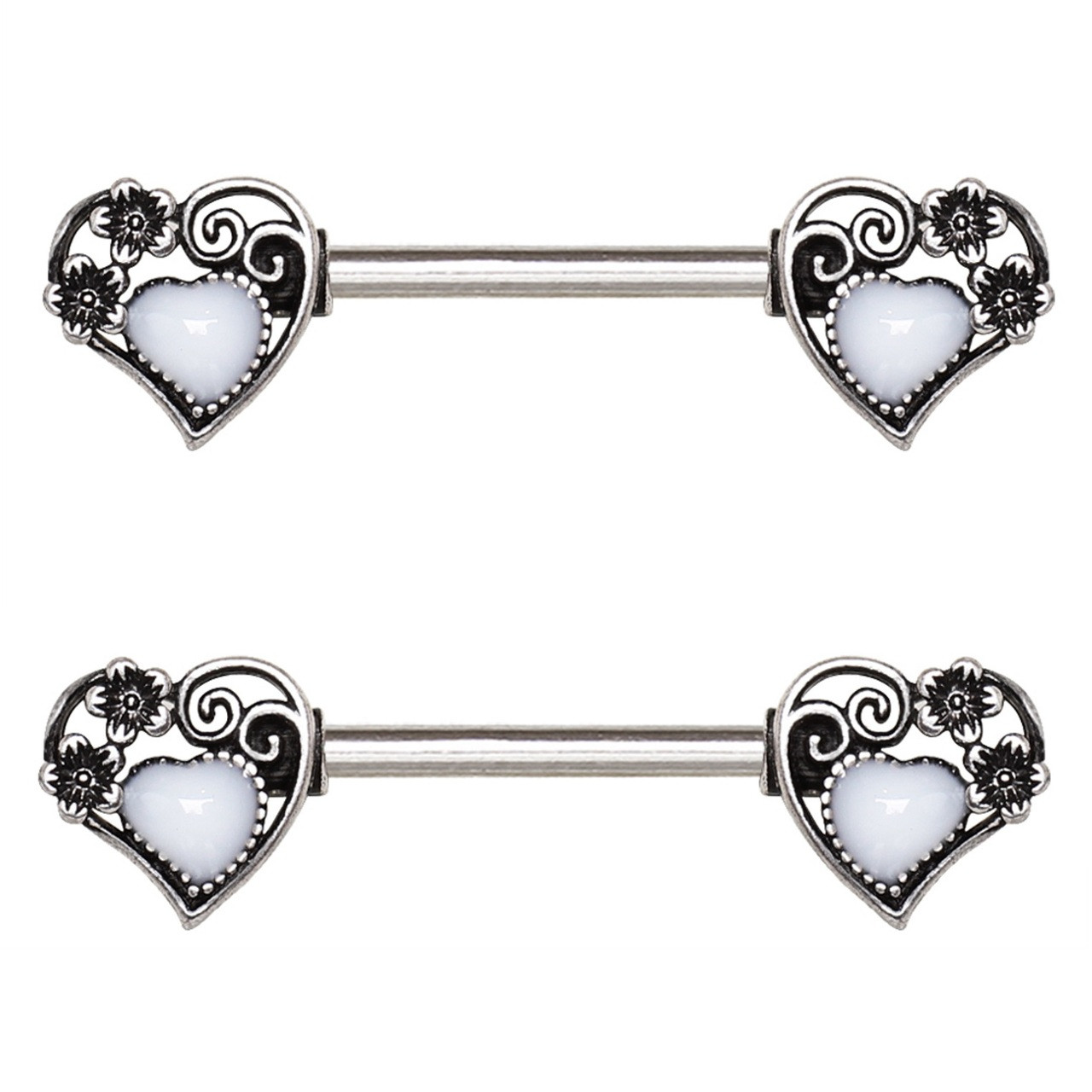 PAIR Threadless Heart CZ End Steel Nipple Rings