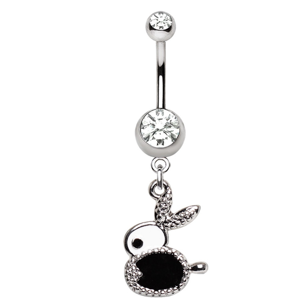 Black & White Bunny Rabbit Dangle Steel Belly Ring | BodyDazz.com