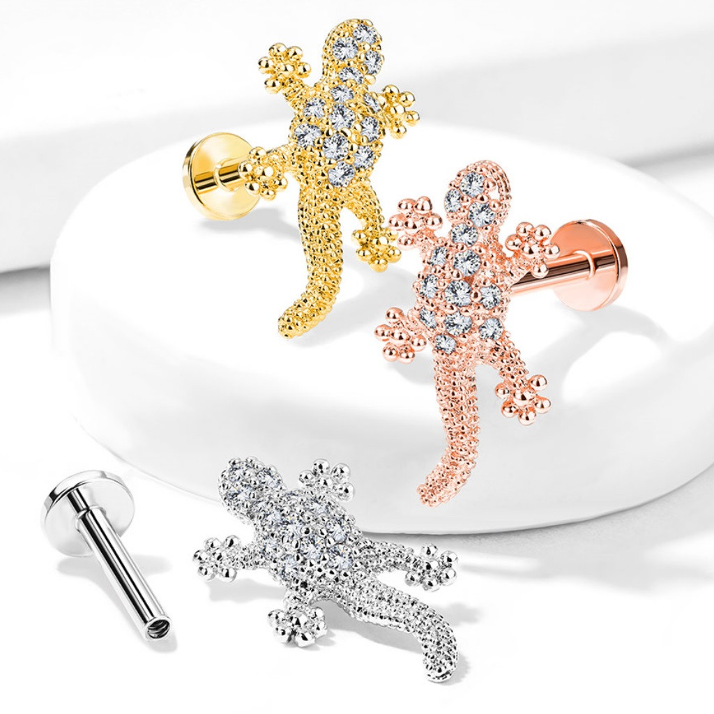 Surgical Steel Labret Monroe Lip Ring With CZ Gem Ball - 16g & 14g Options, Silver Color, Lex & Lu Brand