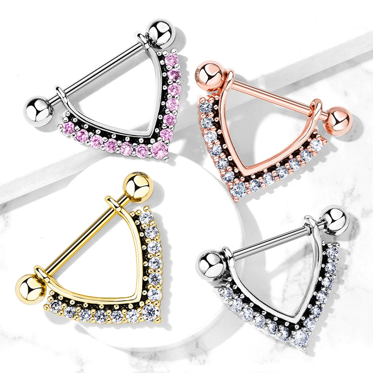 Pair Cz Paved V Dangle Steel Nipple Ring Barbells