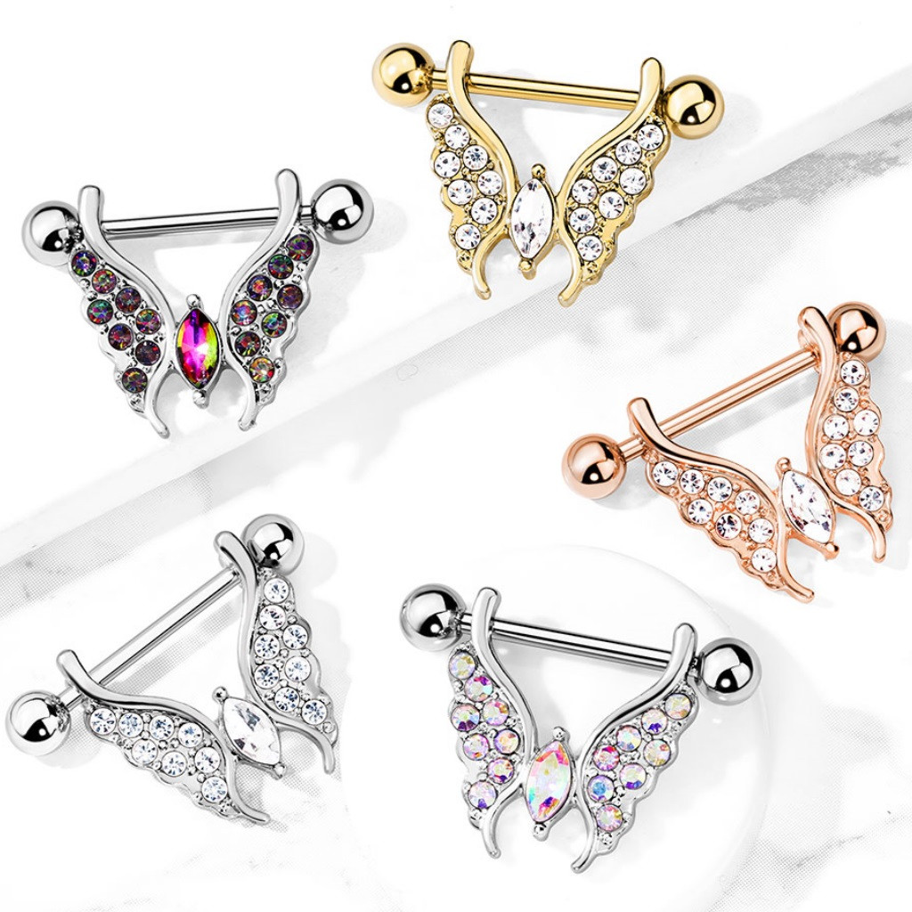 PAIR Crystal Paved Butterfly Steel Nipple Rings