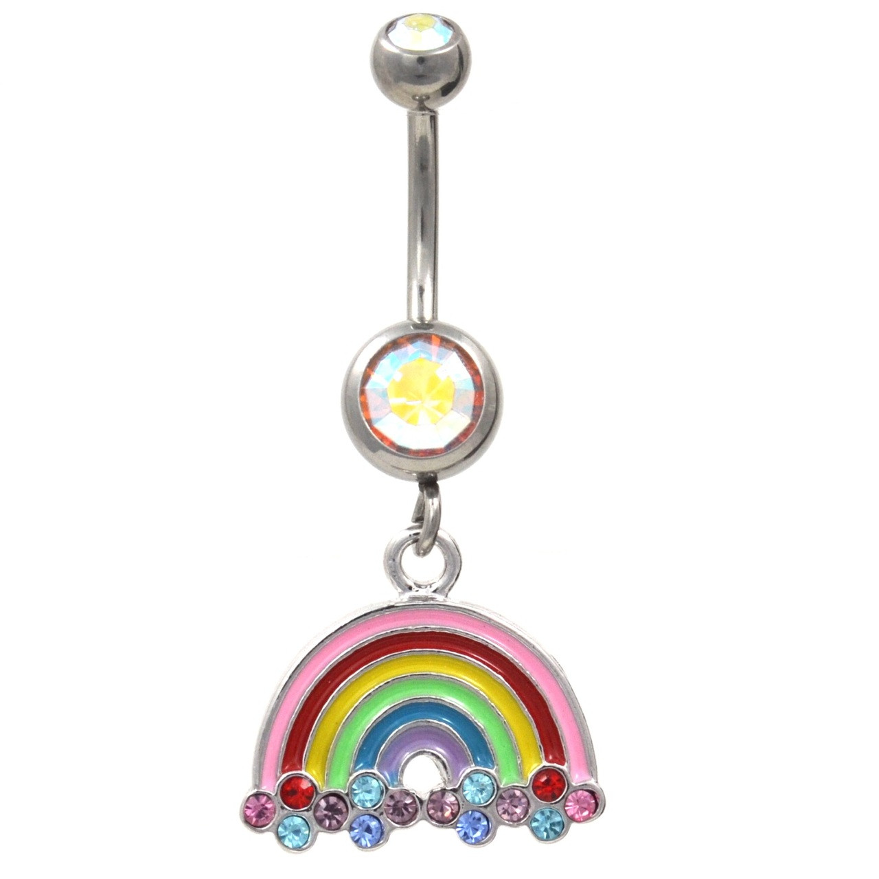 Multi Color Rainbow Dangle Belly Ring w/AB Gems | BodyDazz.com