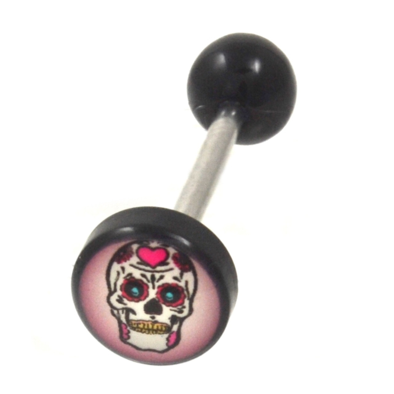 Pretty Sugar Skull Tongue Ring Barbell 14G 5/8"