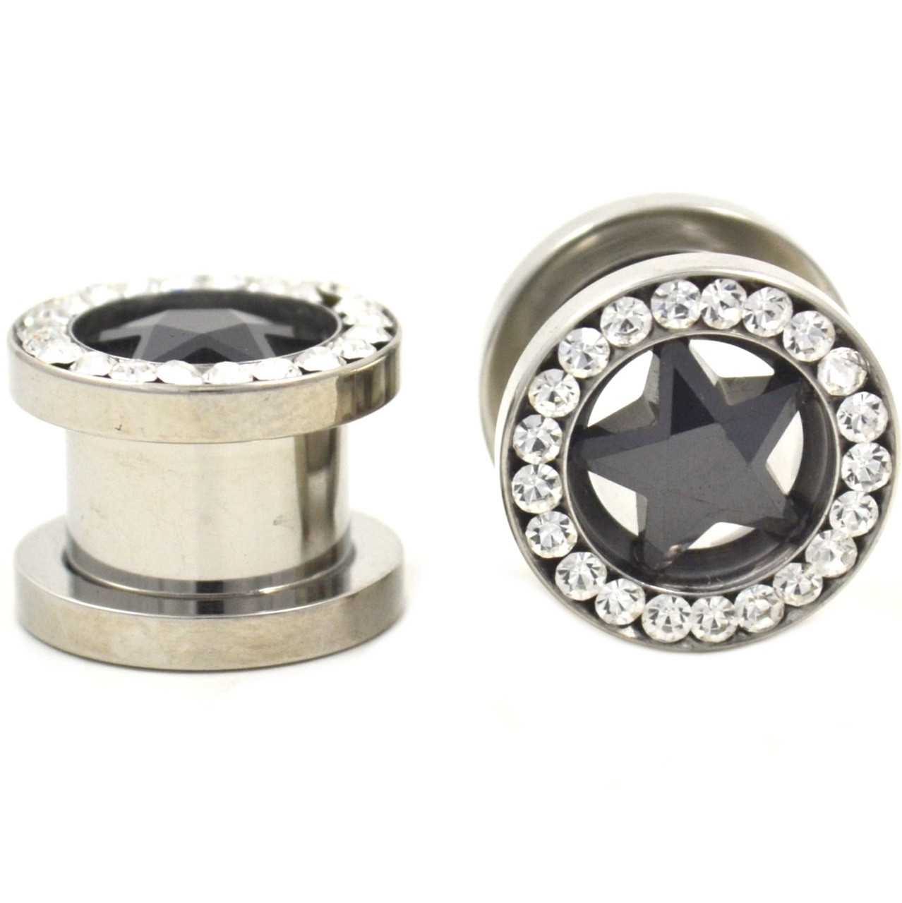 Black and Clear Gem Rim Star Steel Screw Tunnels (4g-1/2