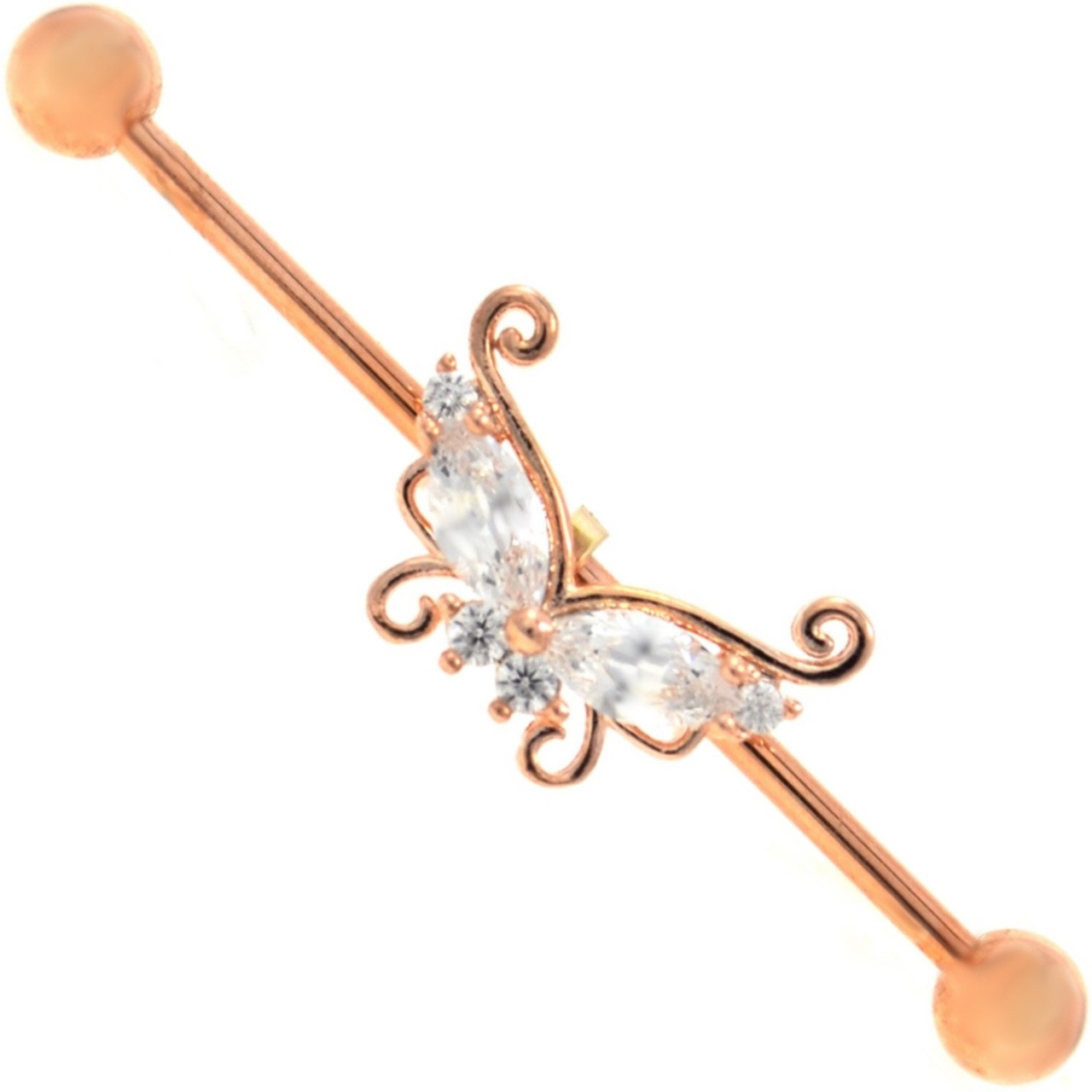 Rose Gold-Tone Butterfly w/ Bling Industrial Barbell 14G | BodyDazz.com