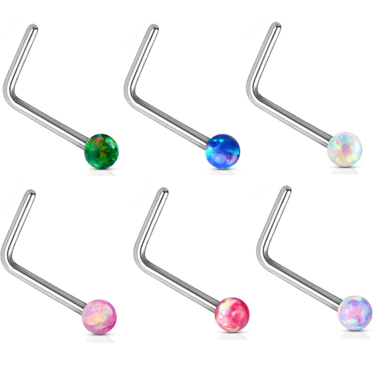 14Kt White Gold Opal Ball L Shaped Nose Ring 20G | BodyDazz.com