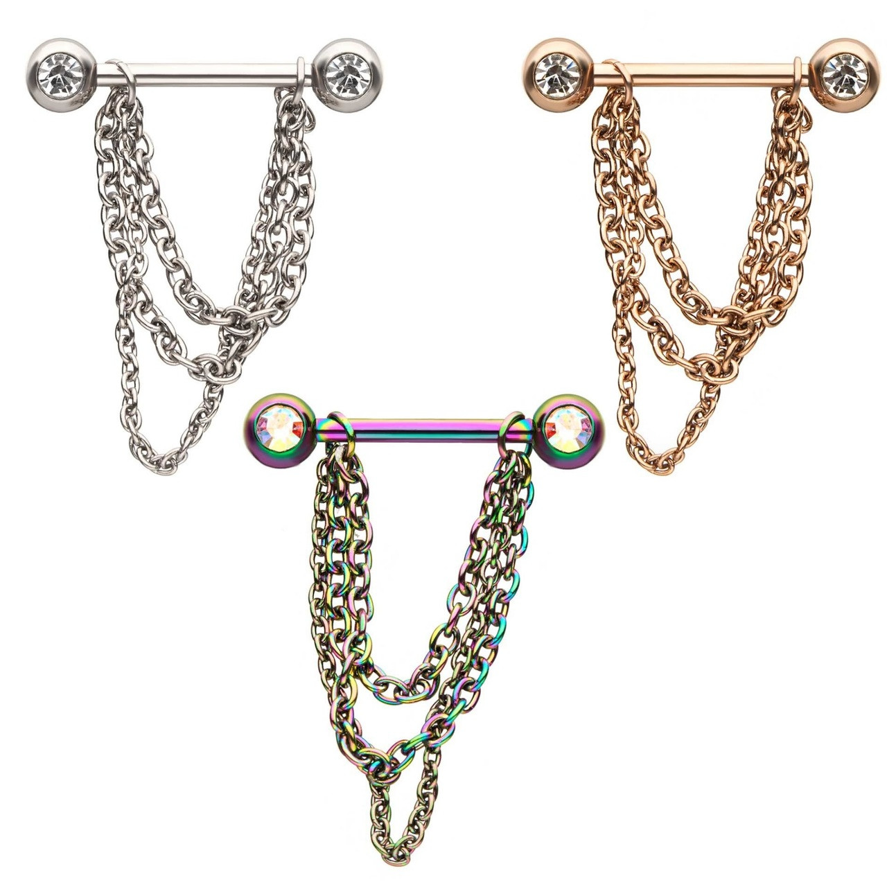 14 Gauge 9/16 Aurora CZ Gem Rose Gold Tone Barbell Nipple Ring Set